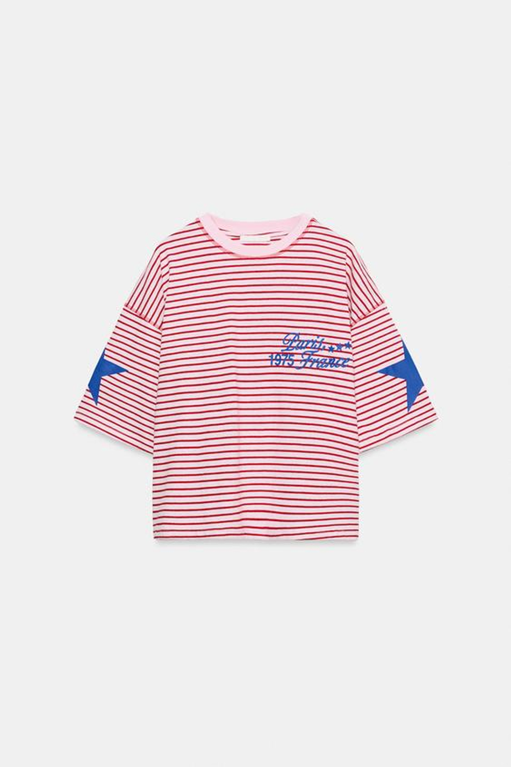 ZARA ФУТБОЛКА ОВЕРСАЙЗ В ПОЛОСКУ С НАДПИСЬЮ, РОЗОВЫЙ
