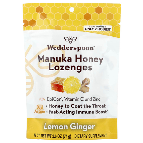 Wedderspoon, пастилки с медом манука, лимон и имбирь, 18 шт., 74 г (2,6 унции)