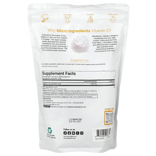 Micro Ingredients, витамин C в порошке, без добавок, 1 кг (2,2 фунта)