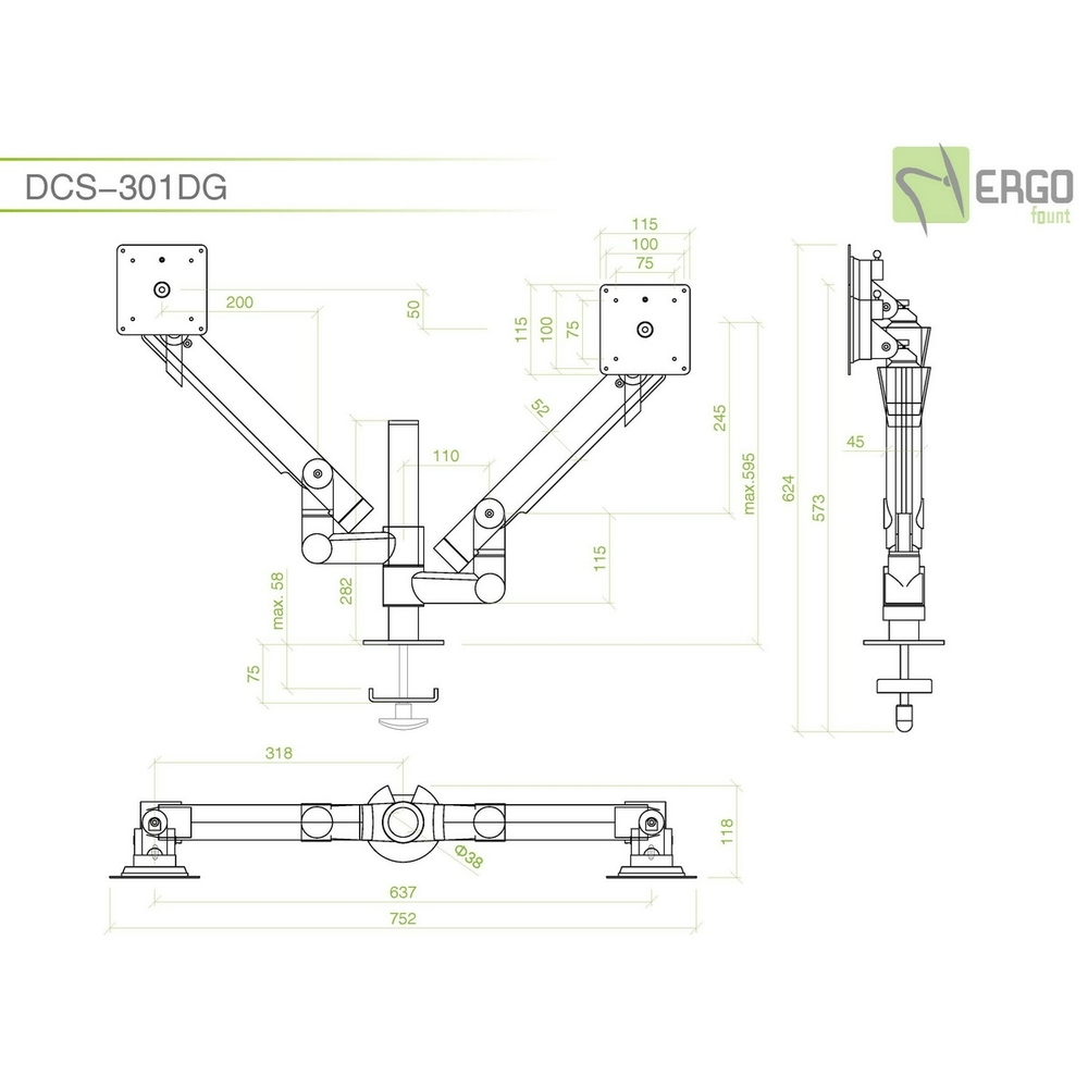 ErgoFount DCS-301DG Шарнирное настольное крепление для 2 мониторов диагональю до 27'' с газово-пружинным амортизатором и струбциной к столу типа "G". Цвет - серебристый