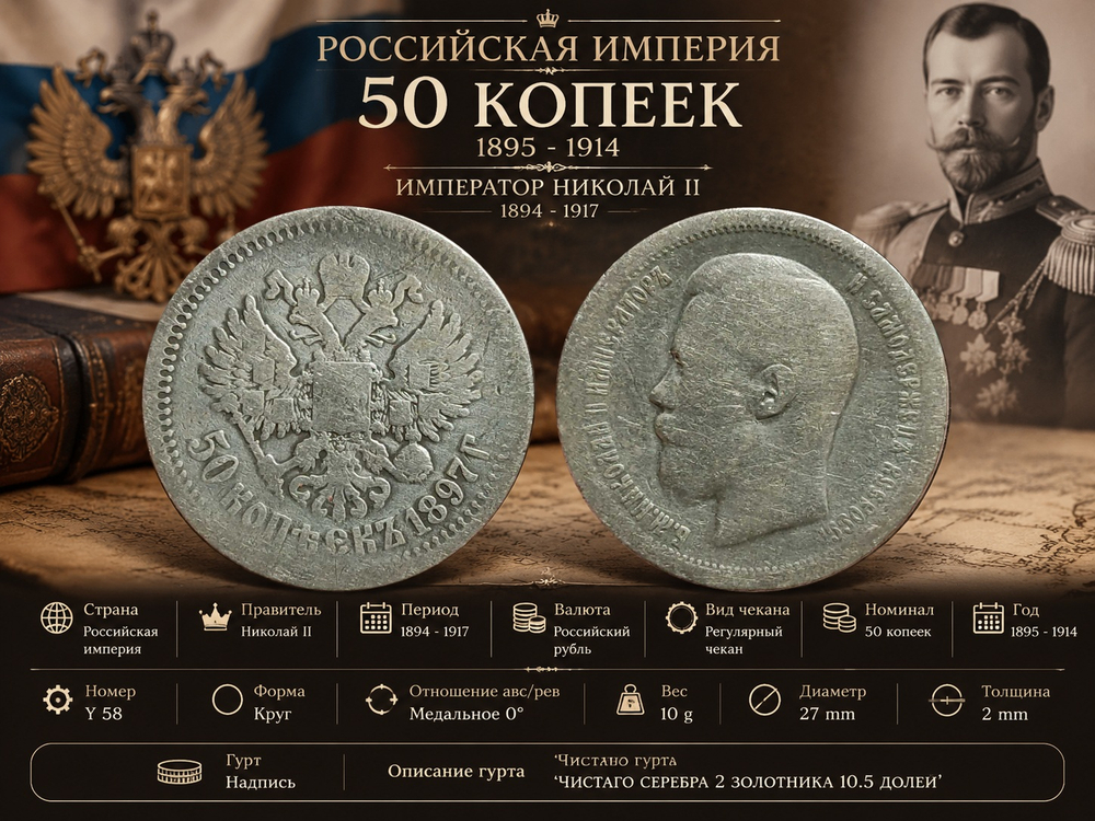 Российская империя 50 копеек, 1897 Николай II F
