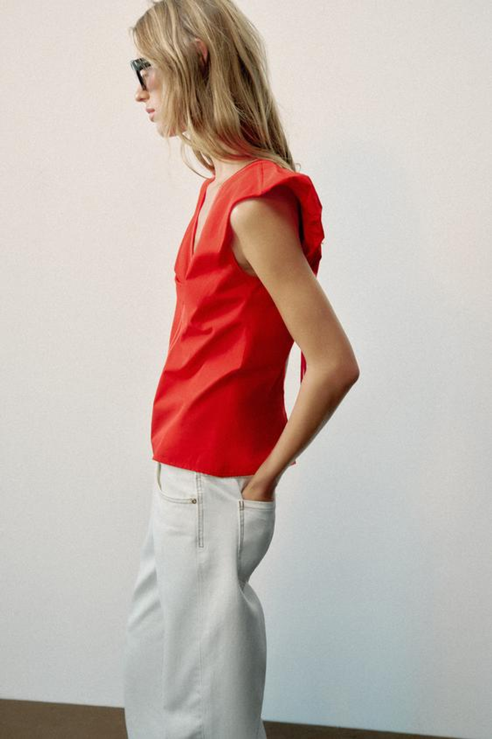 ZARA ТОП ИЗ ПОПЛИНА С КОНТРАСТНОЙ СТРОЧКОЙ, КОРАЛЛОВЫЙ