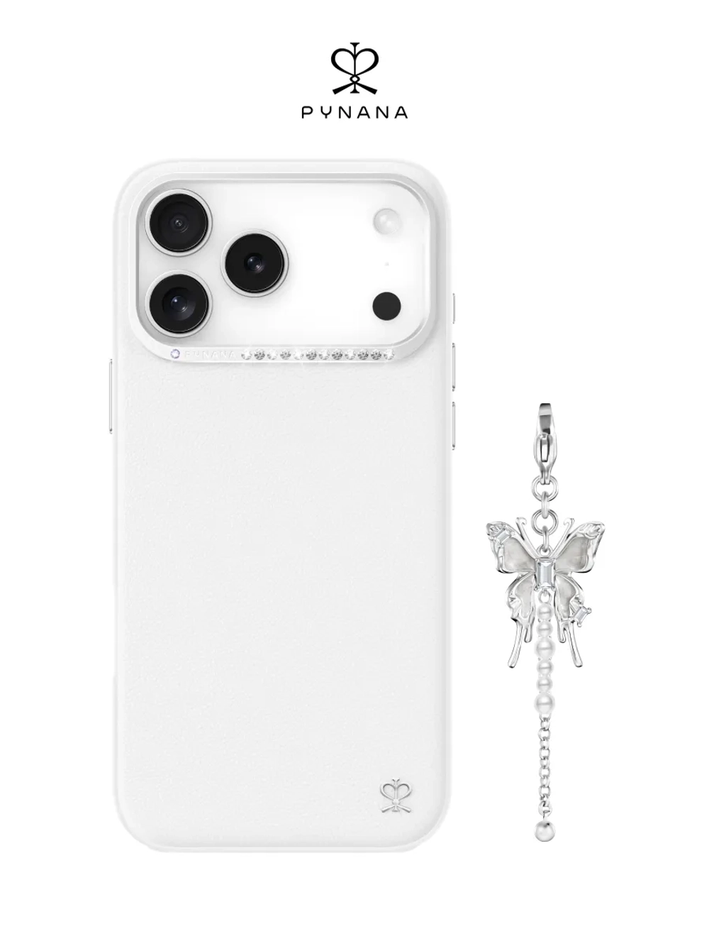 Чехол PYNANA для iPhone 17 Pro кожа, Swarovski, белый