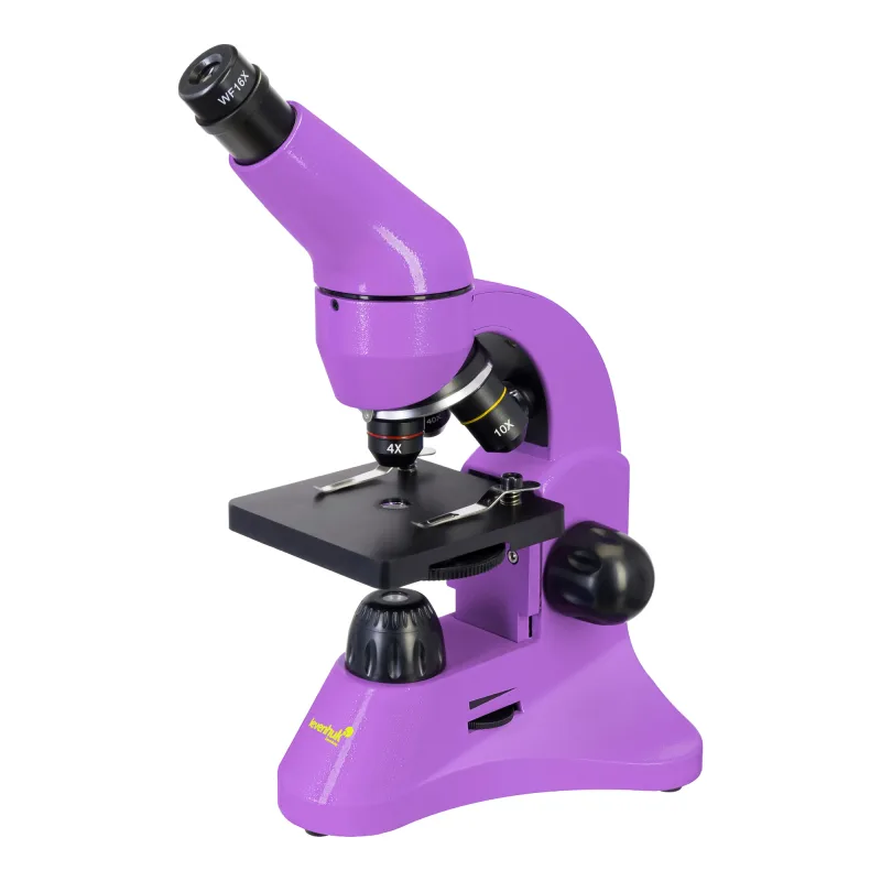 Микроскоп Levenhuk Rainbow 50L PLUS Amethyst\Аметист - вид сбоку, фиолетовый корпус