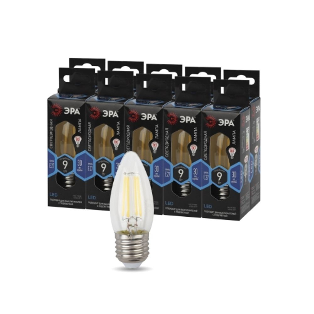 Лампа светодиодная ЭРА F-LED B35-9w-840-E27 9Вт филамент свеча нейтральный белый свет Е27 | Филаментные декоративные
