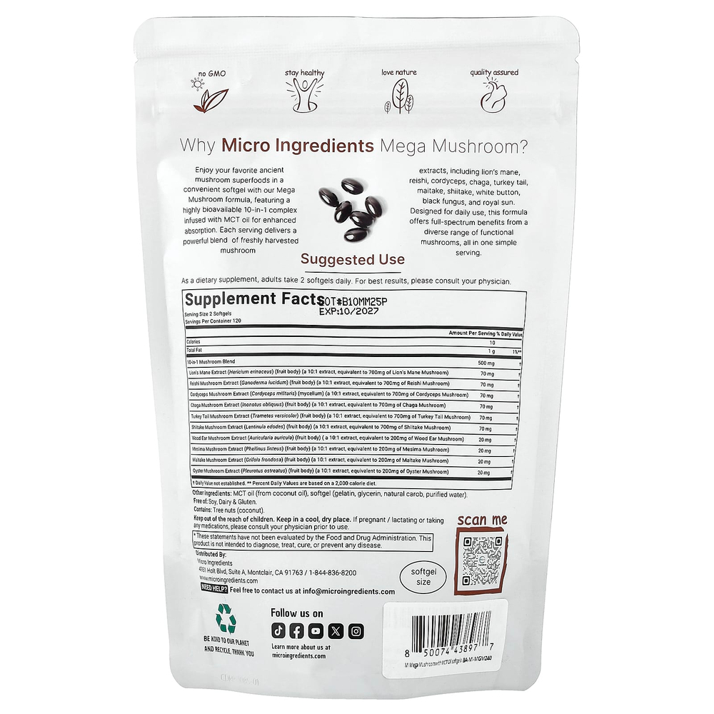 Micro Ingredients, Mega Mushrooms, 10 в 1, 240 капсул