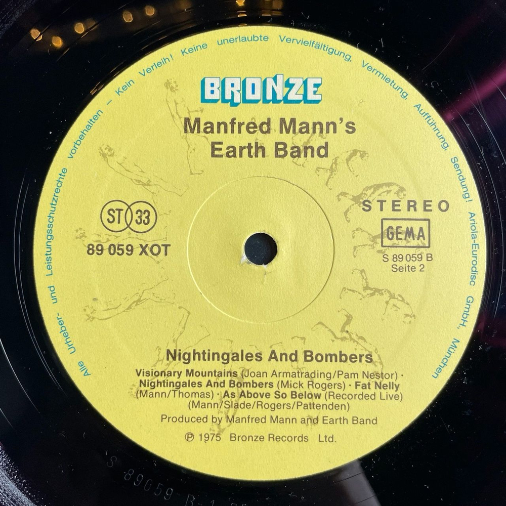 Винтажная виниловая пластинка LP Manfred Mann's Earth Band Nightingales and Bombers (Germany 1975) Fat Nelly
