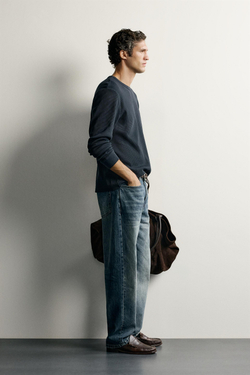 ZARA ФУТБОЛКА REGULAR FIT ИЗ ВАФЕЛЬНОГО ТРИКОТАЖА, СЕРО-СИНИЙ
