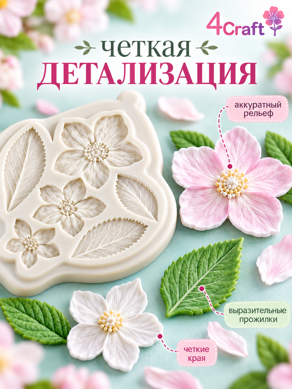 Молд силиконовый для флористики "Цветы вишни и листья" для глины, мыла и воска