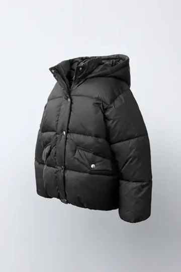 ZARA СТЕГАНАЯ КУРТКА WATER-REPELLENT С КАПЮШОНОМ, ЧЕРНЫЙ