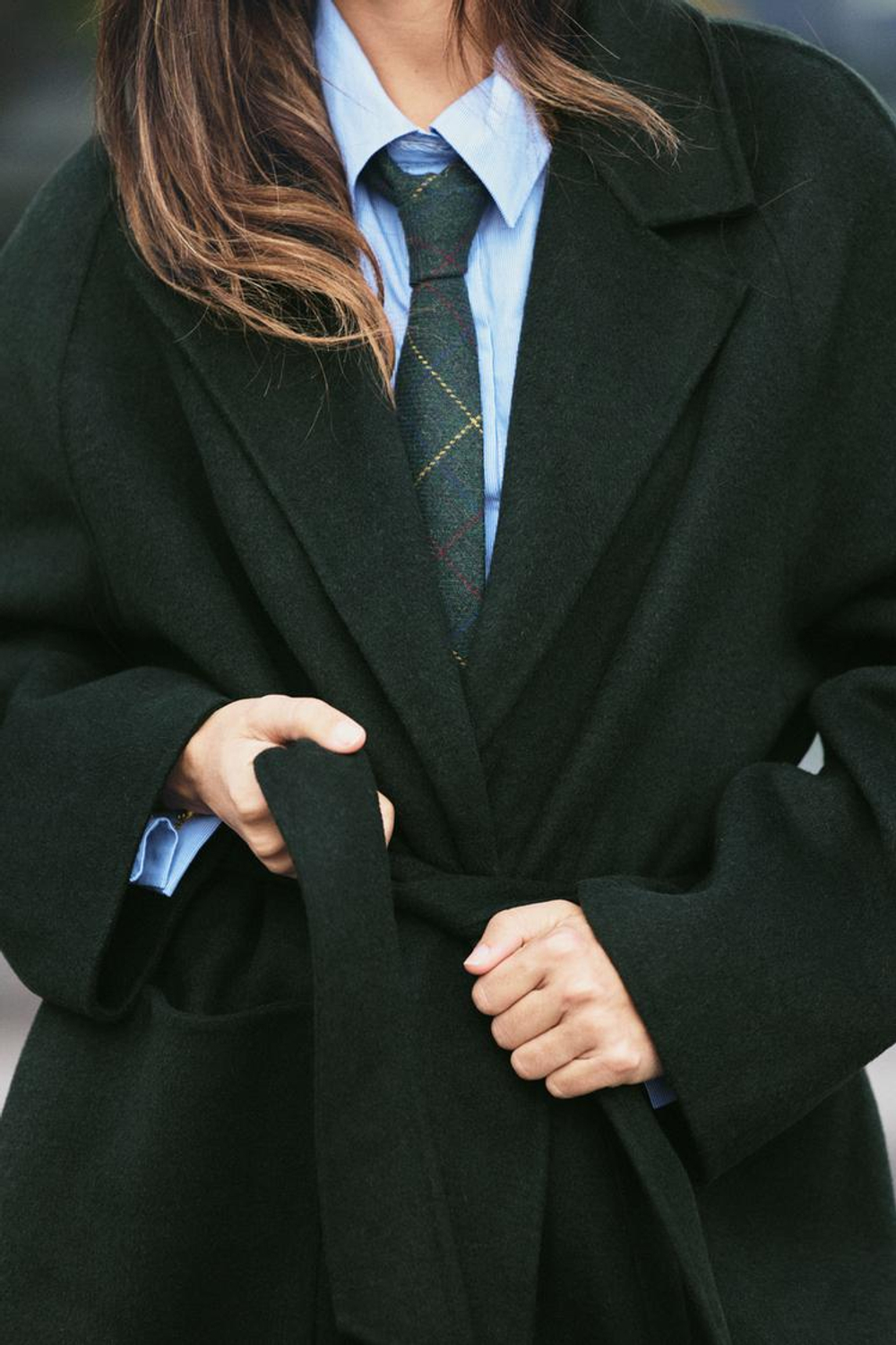 ZARA ПАЛЬТО ИЗ ШЕРСТИ С ПОЯСОМ, ХАКИ