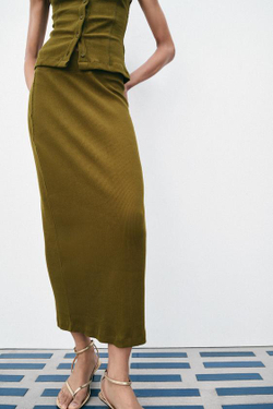 ZARA ПРЯМАЯ ЮБКА В РУБЧИК, ОЛИВКОВЫЙ