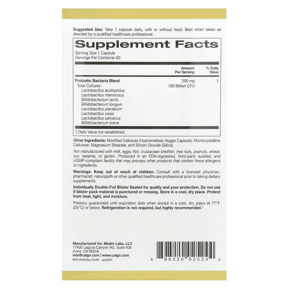 California Gold Nutrition, LactoBif® 100, пробиотики, 100 млрд КОЕ, 60 растительных капсул