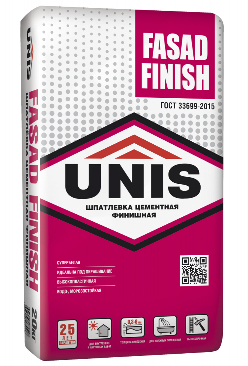 Шпатлевка UNIS FASAD FINISH цементная супербелая финишная 20 кг