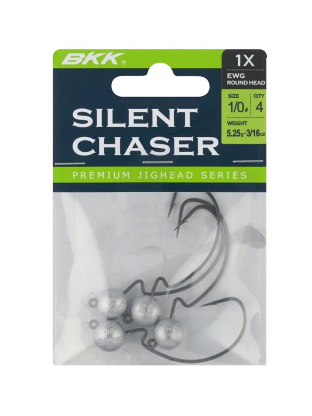 Джиг-головка для рыбалки BKK на офсетном крючке Silent Chaser - 1X - EWG Round Head, размер крючка 1, вес 5,25г, 4 шт.