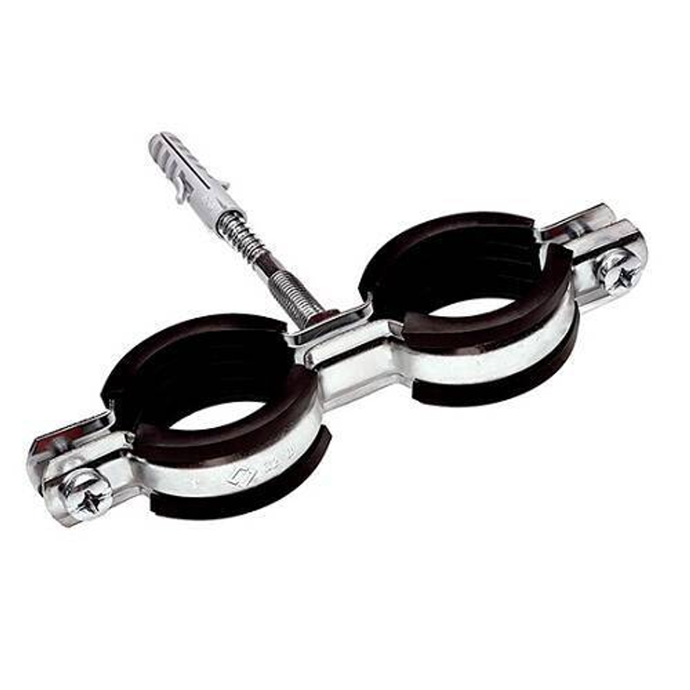 Хомут для труб двухвинтовой сдвоенный STOUT - 1/2" (20-24 мм, с шпилькой и дюбелем)