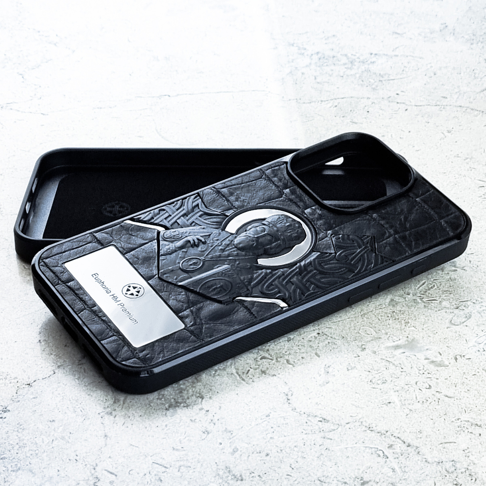 Дизайнерский чехол для iPhone из натуральной кожи Euphoria HM Premium аксессуар из Православной коллекции с изображением Николая Чудотворца