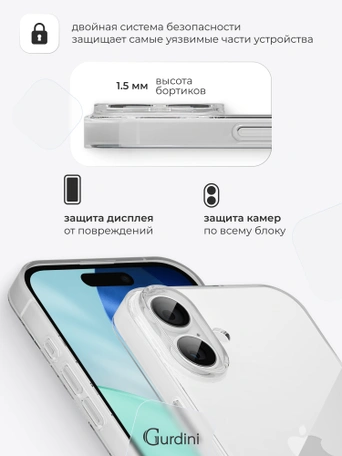 Чехол накладка Gurdini iPhone 17 6.3" плотный силикон 1,5 mm прозрачный