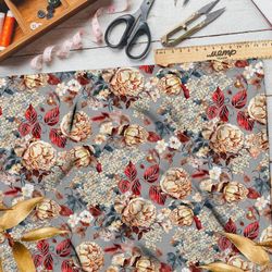 Ткань саржа цветы золотистые с красноватым