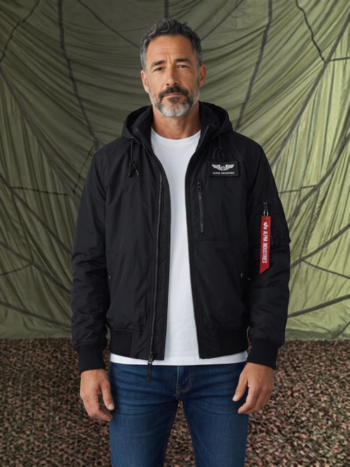 Куртка Бомбер MA-1 Hooded Rib (черная - black)