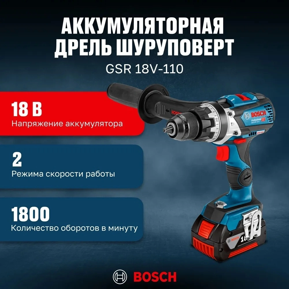 Дрель-шуруповерт Bosch GSR 18V-110 аккум. патрон:быстрозажимной (кейс в комплекте) (06019G010C)
