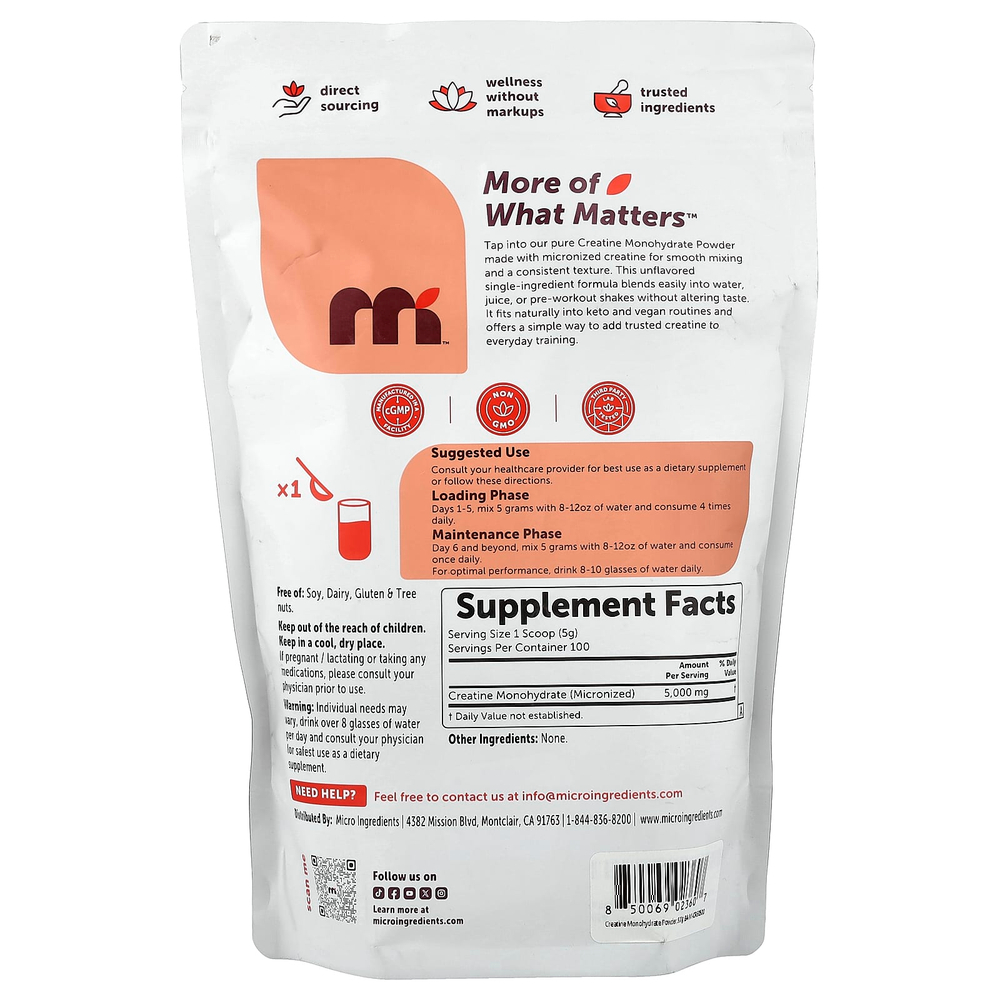 Micro Ingredients, моногидрат креатина в порошке, без вкусовых добавок, 500 г (17,6 унции)