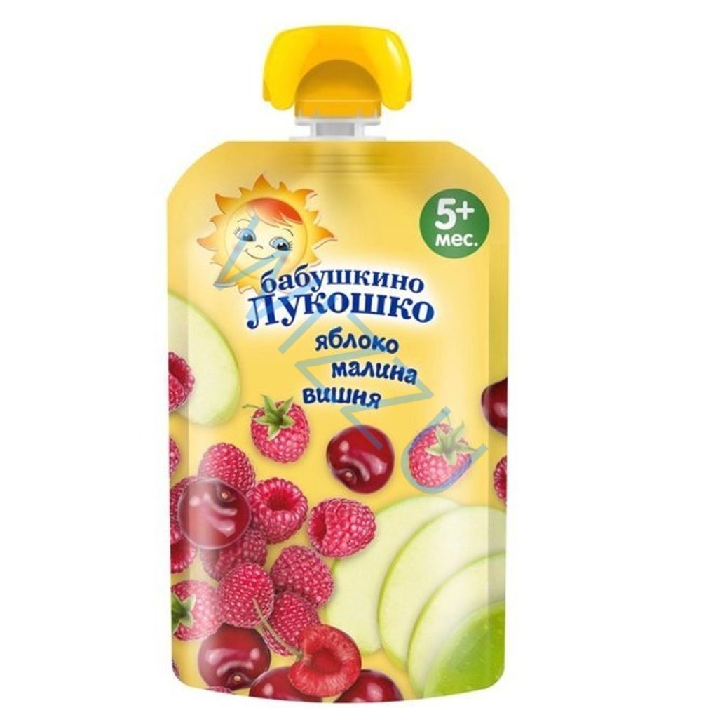 Пюре фруктовое Бабушкино Лукошко Яблоко-Малина-Вишня, 90 г