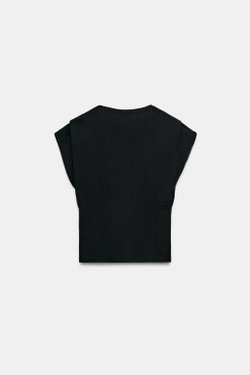 ZARA ХЛОПКОВАЯ ФУТБОЛКА С V-ОБРАЗНЫМ ВЫРЕЗОМ, ЧЕРНЫЙ