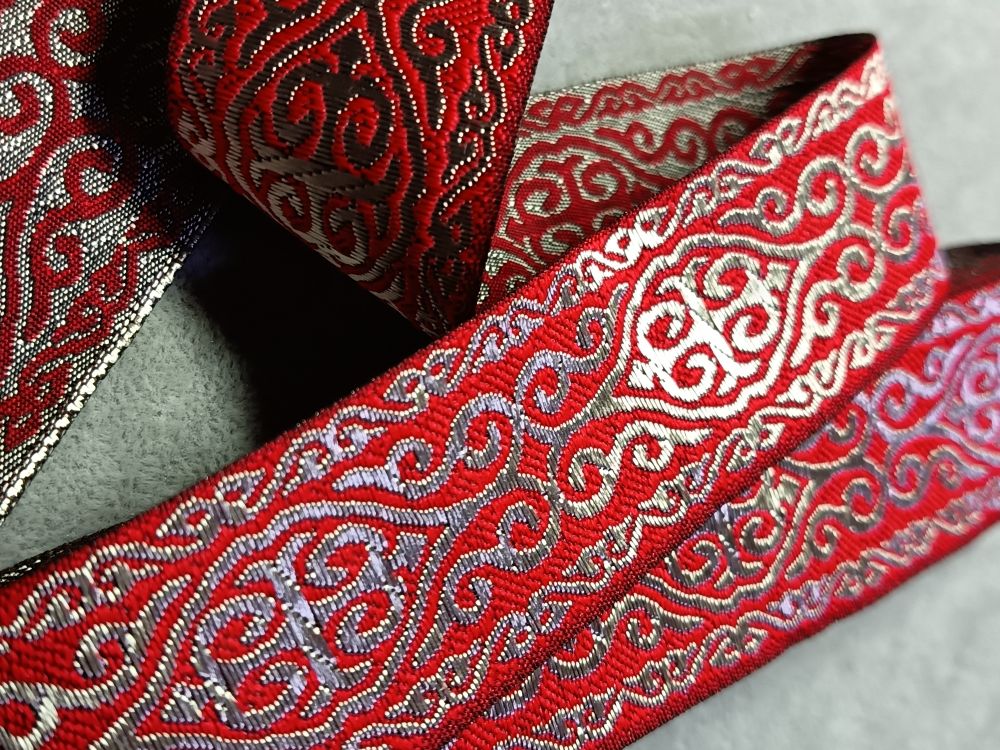 Тесьма жаккард, ш. 3,3 см, красный с серебром