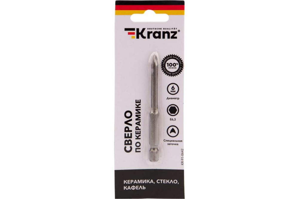 СВЕРЛО ПО СТЕКЛУ И КЕРАМИКЕ KRANZ 6ММ (ШЕСТИГРАННЫЙ ХВОСТОВИК) KR-91-0642