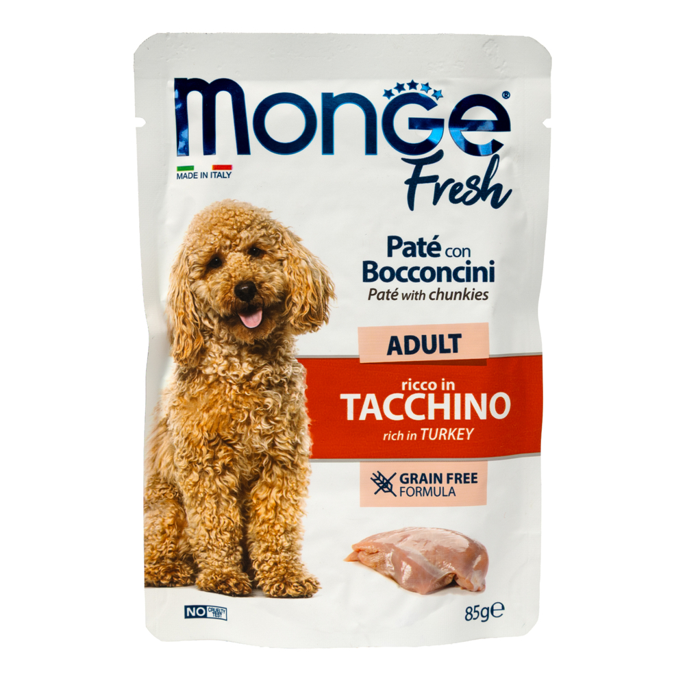 Влажный корм Monge Dog Fresh для взрослых собак паштет с кусочками индейки паучи 85 г