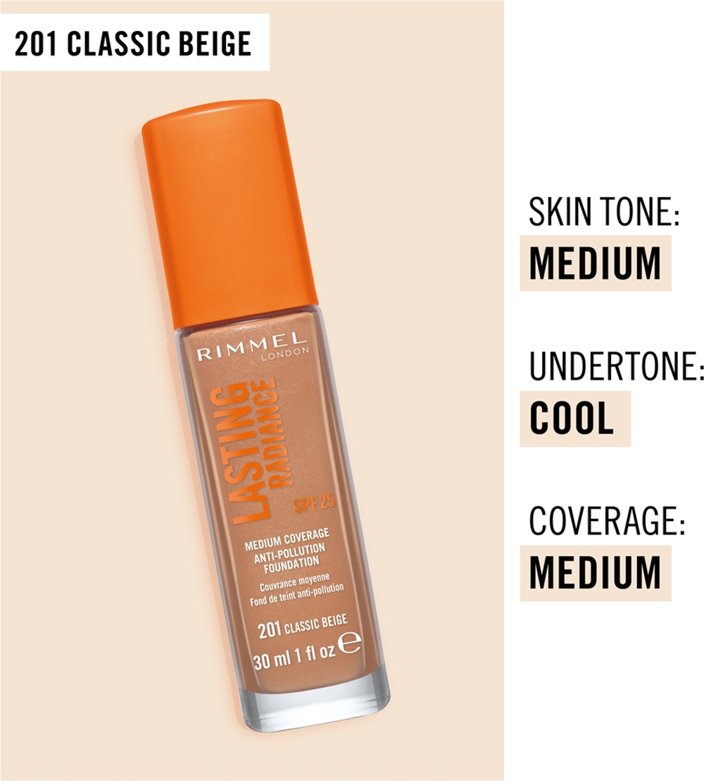 Rimmel Lasting Radiance - Тональная основа с SPF 25, осветляющая оттенок 201 Classic Beige, 30 ml
