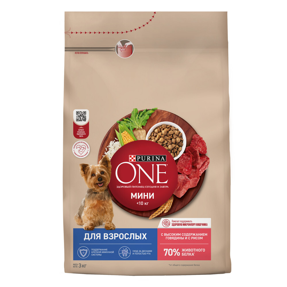 Сухой корм Purina ONE МИНИ для взрослых собак мелких пород с говядиной и с рисом 3 кг