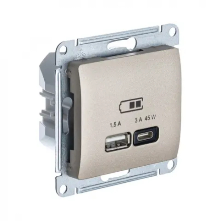 GLOSSA USB РОЗЕТКА A + тип-C 45Вт высокоскор.заряд. QC, PD, механизм, ТИТАН