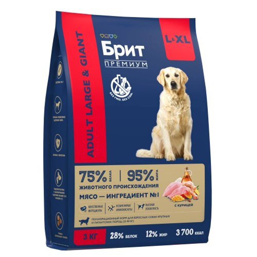 Корм для собак сухой крупных пород Брит BRIT PREMIUM Dog Adult Large and Giantс курицей, 3кг