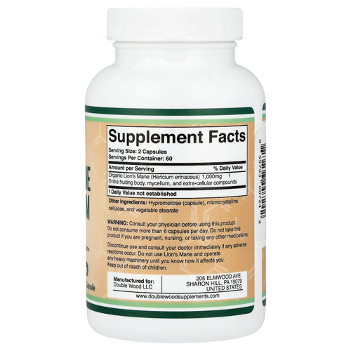 Double Wood Supplements, Lion's Mane Mushroom, 500 mg, 120 Capsules