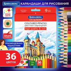 Карандаши цветные мягкие BRAUBERG АКАДЕМИЯ, 36 цветов, шестигранные, грифель 3 мм, 181867
