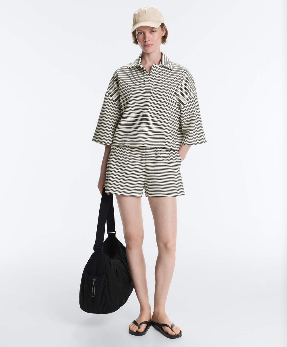 Oysho Футболка поло Relaxed в полоску из смесового хлопка, светлый экрю