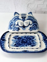 Масленка Кот для сливочного масла Гжель