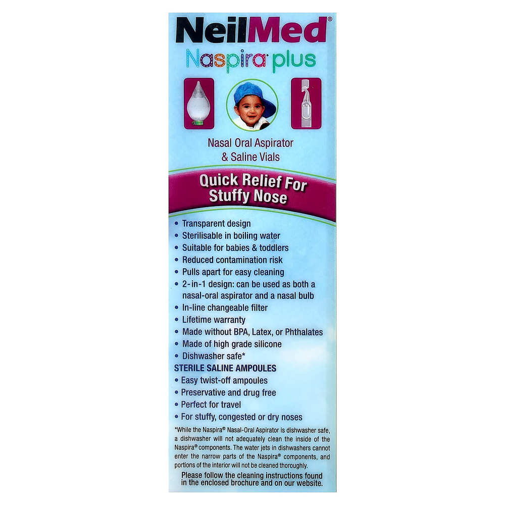 NeilMed, Naspira® Plus, назально-оральный аспиратор и флаконы с солевым раствором, для младенцев и детей, набор из 17 предметов