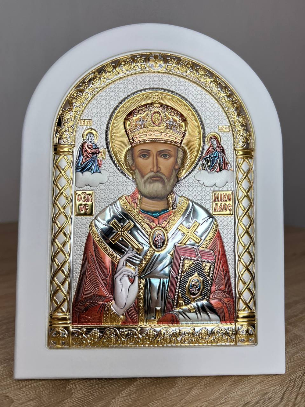 Николай Чудотворец, икона арочная, белое дерево, эмаль 86х112