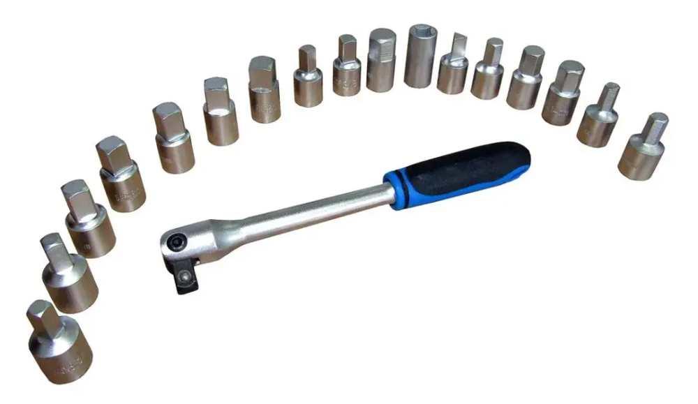 Набор для маслосливных пробок,3/8''18пр(насадка 6-гр:8,9,10,12,14,17мм насадка 4-гр:7,8,10,11,12,13,14мм,5/16'',3/8''гол. 4-гр 10мм насадка 3-гр 10мм) RockForce##Rock FORCE RF-33111518