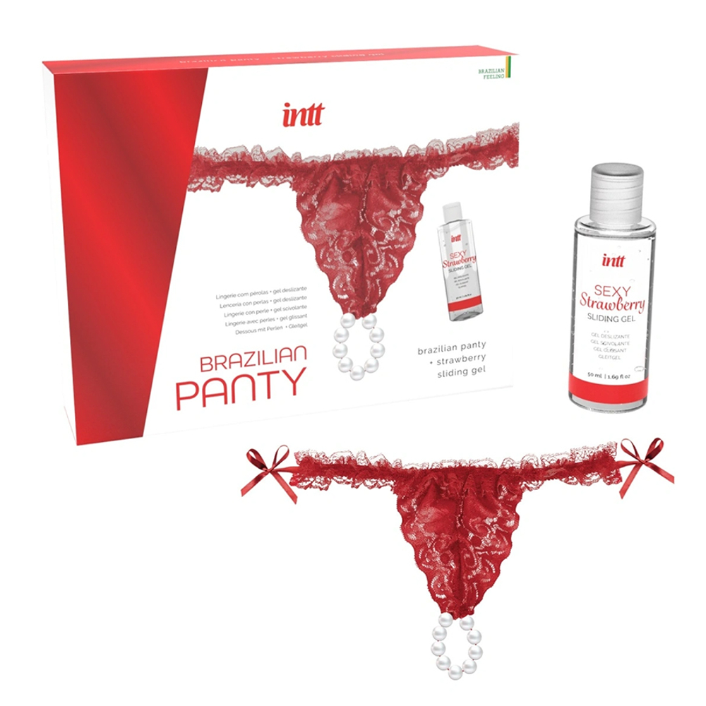 Эротический набор Клубничный соблазн и Жемчужная страсть INTT Red Brazilian Panty and Strawberry Slide Gel Set