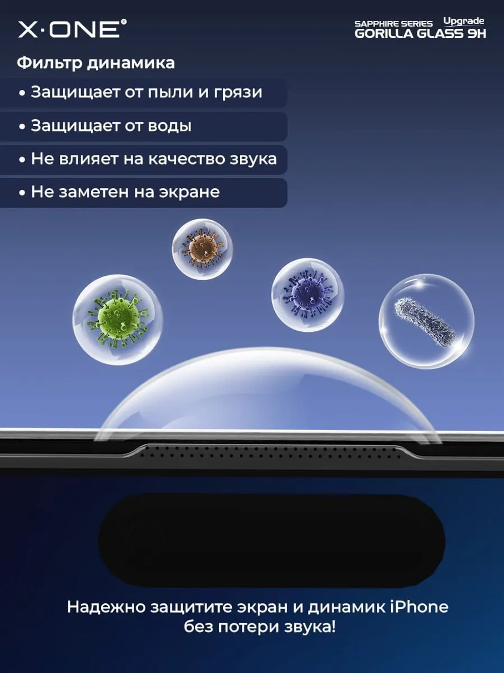Сапфировое стекло iPhone 13 Pro Max/14 Plus X-ONE Sapphire 9H (upgrade) / фильтр динамика / установочный аппликатор