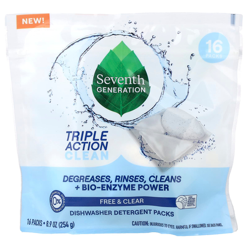 Seventh Generation, моющие средства для посудомоечных машин, Free & Clear, 16 шт., 254 г (8,9 унции)