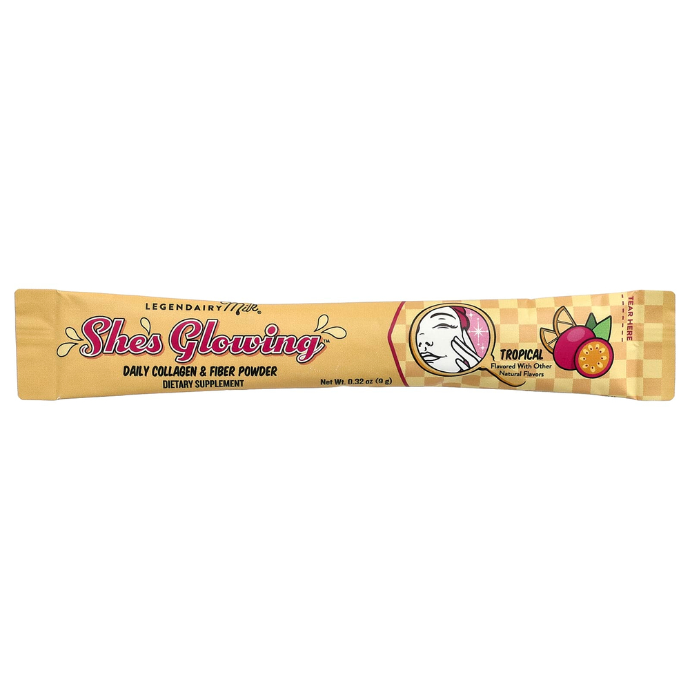 Legendairy Milk, She's Glowing™, ежедневный коллаген и клетчатка в порошке, со вкусом тропических фруктов, 18 стик-пакетов по 9 г (0,32 унции)