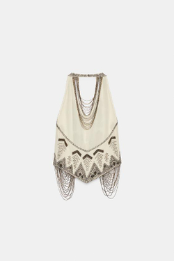 ZARA ТОП-ХАЛТЕР С БИСЕРОМ И БАХРОМОЙ ZW COLLECTION, ЗОЛОТОЙ/СЕРЕБРЯНЫЙ
