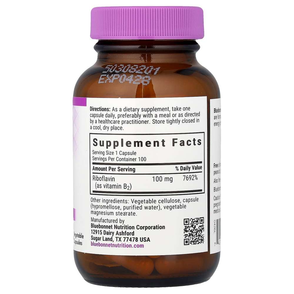 Bluebonnet Nutrition, Витамин B2, 100 мг, 100 растительных капсул