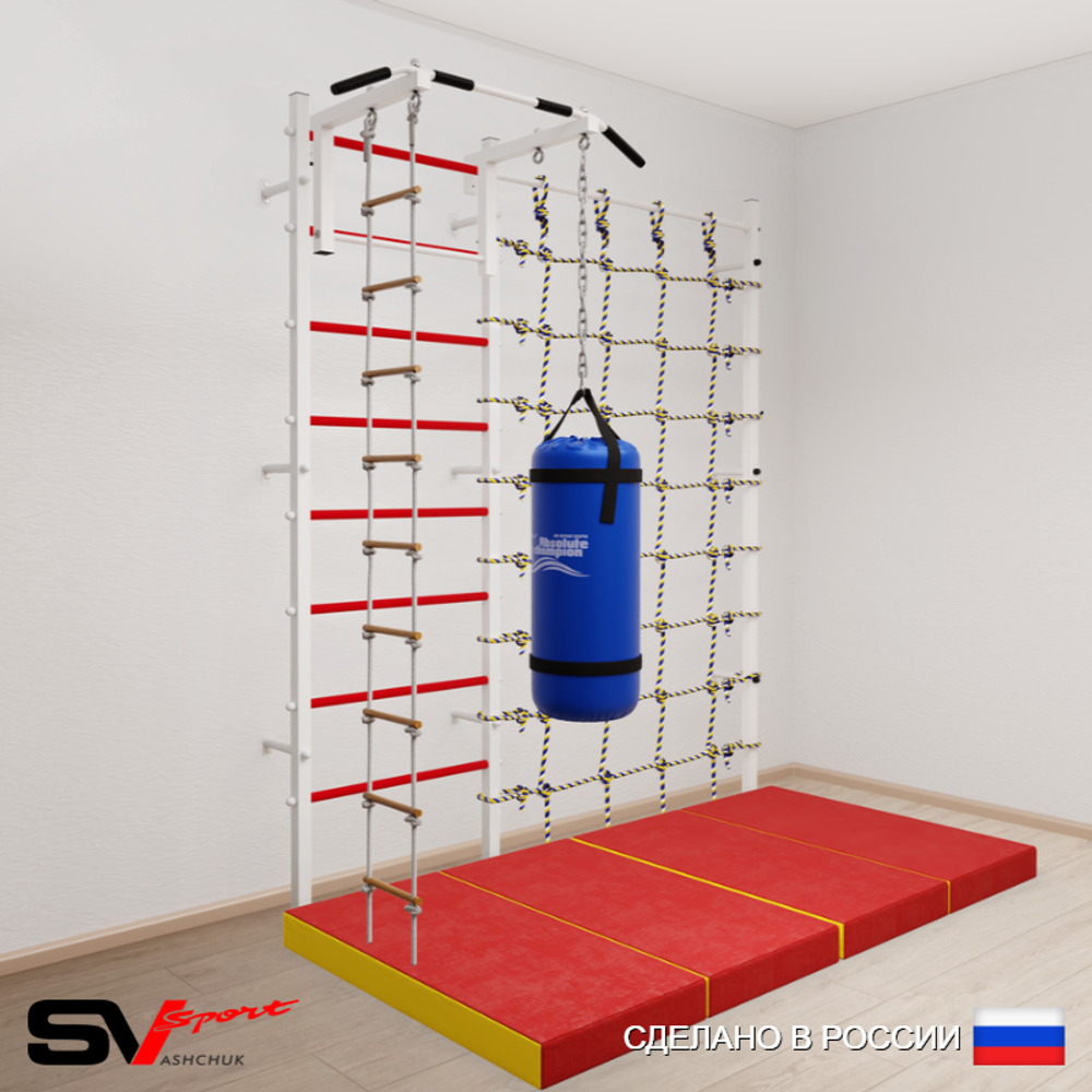 Шведская стенка Sv Sport усиленная 61170 (Турник стандарт/Лестница/Цепь/Мешок 30кг/Мат 2м/Канатный лаз)
