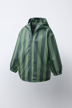 ZARA ПРОРЕЗИНЕННЫЙ ДОЖДЕВИК WATER RESISTANT В ПОЛОСКУ, ЗЕЛЕНЫЙ